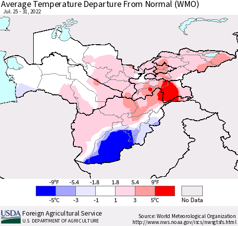 Central Asia Average Temperature Departure from Normal (WMO) Thematic Map For 7/25/2022 - 7/31/2022