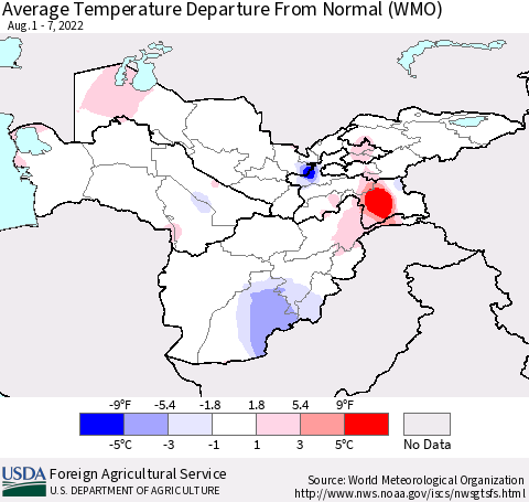Central Asia Average Temperature Departure from Normal (WMO) Thematic Map For 8/1/2022 - 8/7/2022