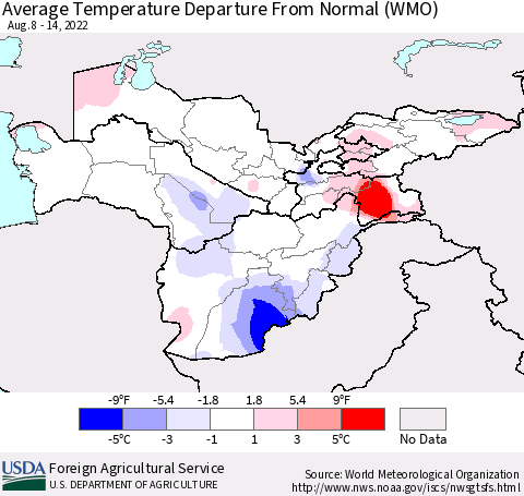 Central Asia Average Temperature Departure from Normal (WMO) Thematic Map For 8/8/2022 - 8/14/2022