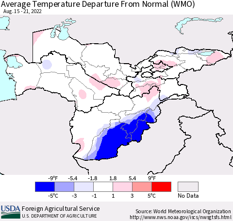 Central Asia Average Temperature Departure from Normal (WMO) Thematic Map For 8/15/2022 - 8/21/2022