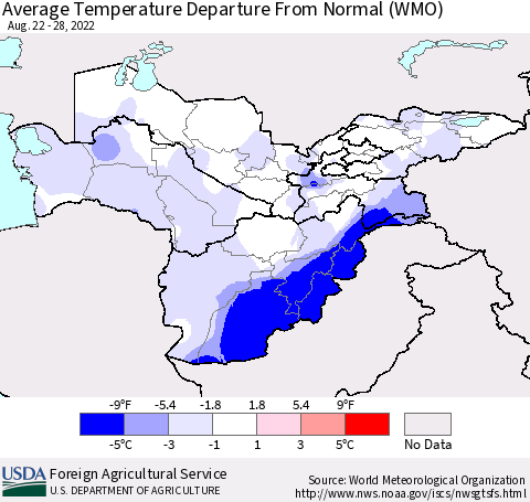 Central Asia Average Temperature Departure from Normal (WMO) Thematic Map For 8/22/2022 - 8/28/2022