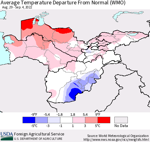 Central Asia Average Temperature Departure from Normal (WMO) Thematic Map For 8/29/2022 - 9/4/2022