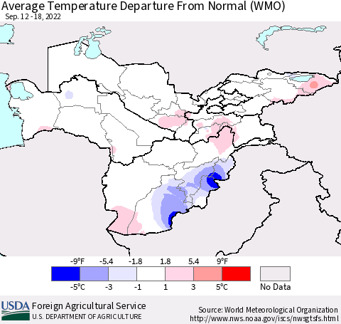 Central Asia Average Temperature Departure from Normal (WMO) Thematic Map For 9/12/2022 - 9/18/2022