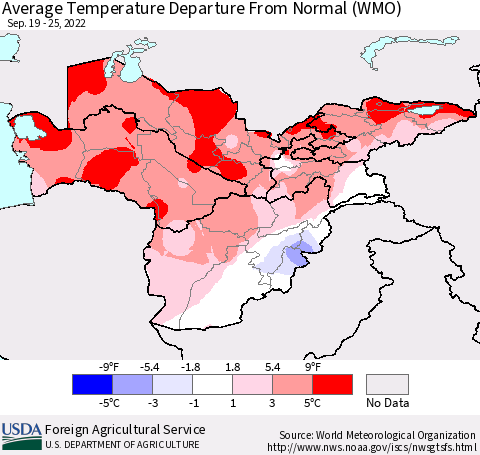 Central Asia Average Temperature Departure from Normal (WMO) Thematic Map For 9/19/2022 - 9/25/2022