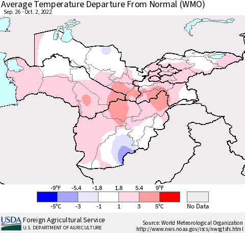 Central Asia Average Temperature Departure from Normal (WMO) Thematic Map For 9/26/2022 - 10/2/2022
