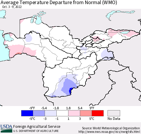 Central Asia Average Temperature Departure from Normal (WMO) Thematic Map For 10/3/2022 - 10/9/2022