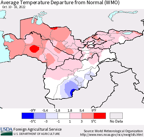Central Asia Average Temperature Departure from Normal (WMO) Thematic Map For 10/10/2022 - 10/16/2022