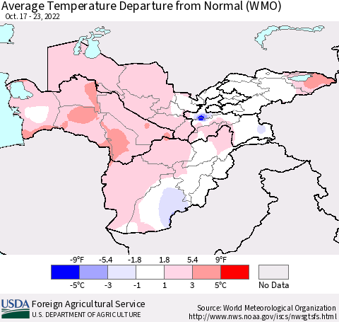 Central Asia Average Temperature Departure from Normal (WMO) Thematic Map For 10/17/2022 - 10/23/2022