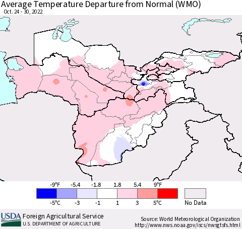 Central Asia Average Temperature Departure from Normal (WMO) Thematic Map For 10/24/2022 - 10/30/2022