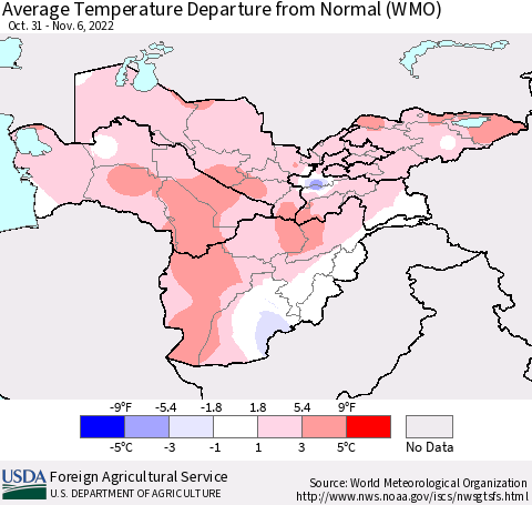 Central Asia Average Temperature Departure from Normal (WMO) Thematic Map For 10/31/2022 - 11/6/2022