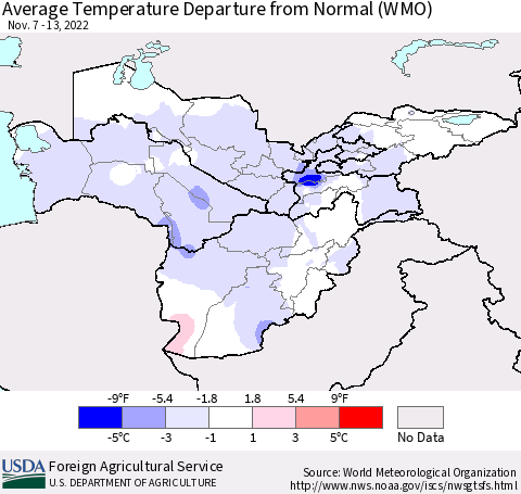 Central Asia Average Temperature Departure from Normal (WMO) Thematic Map For 11/7/2022 - 11/13/2022