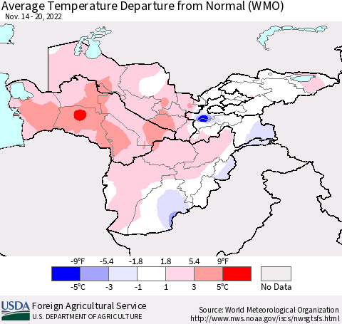 Central Asia Average Temperature Departure from Normal (WMO) Thematic Map For 11/14/2022 - 11/20/2022