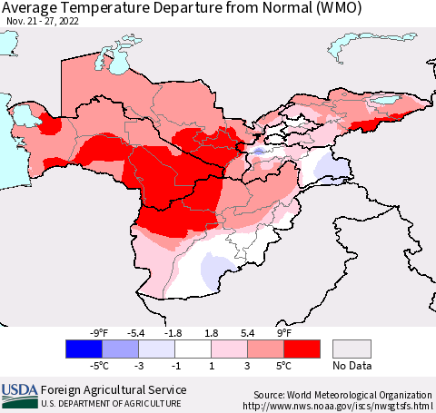 Central Asia Average Temperature Departure from Normal (WMO) Thematic Map For 11/21/2022 - 11/27/2022