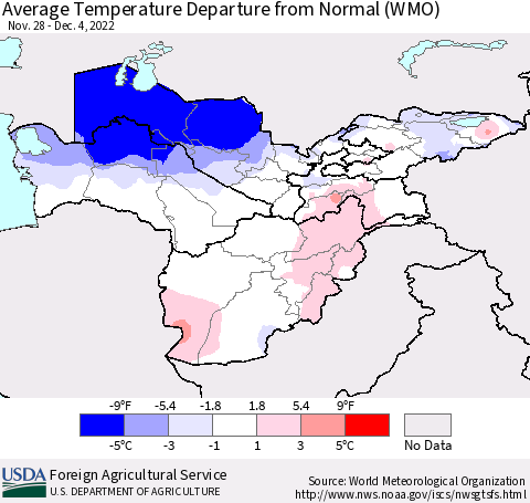 Central Asia Average Temperature Departure from Normal (WMO) Thematic Map For 11/28/2022 - 12/4/2022