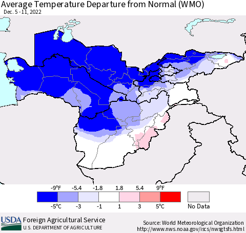 Central Asia Average Temperature Departure from Normal (WMO) Thematic Map For 12/5/2022 - 12/11/2022
