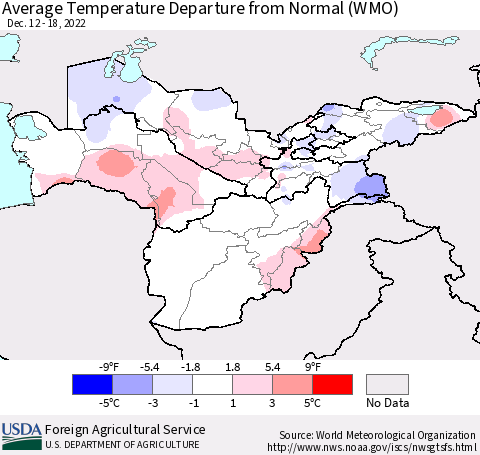 Central Asia Average Temperature Departure from Normal (WMO) Thematic Map For 12/12/2022 - 12/18/2022