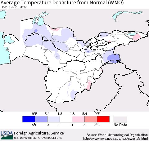 Central Asia Average Temperature Departure from Normal (WMO) Thematic Map For 12/19/2022 - 12/25/2022