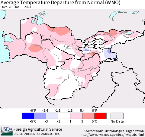 Central Asia Average Temperature Departure from Normal (WMO) Thematic Map For 12/26/2022 - 1/1/2023