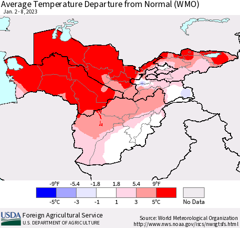 Central Asia Average Temperature Departure from Normal (WMO) Thematic Map For 1/2/2023 - 1/8/2023