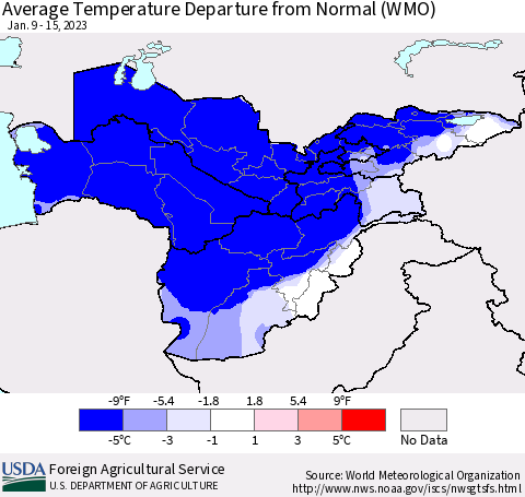 Central Asia Average Temperature Departure from Normal (WMO) Thematic Map For 1/9/2023 - 1/15/2023