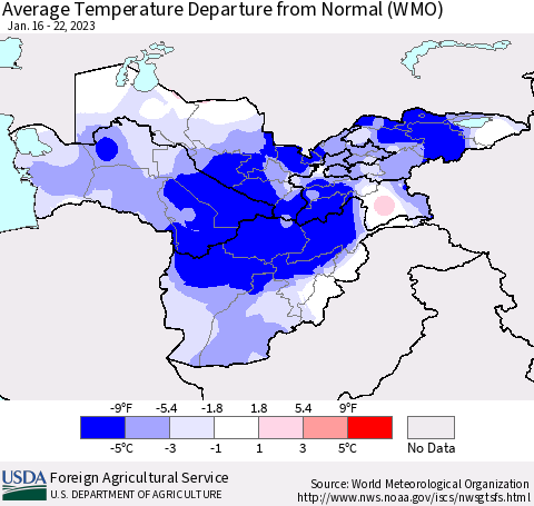 Central Asia Average Temperature Departure from Normal (WMO) Thematic Map For 1/16/2023 - 1/22/2023