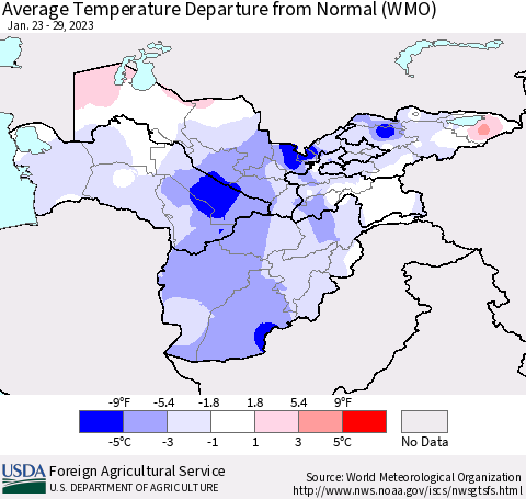 Central Asia Average Temperature Departure from Normal (WMO) Thematic Map For 1/23/2023 - 1/29/2023