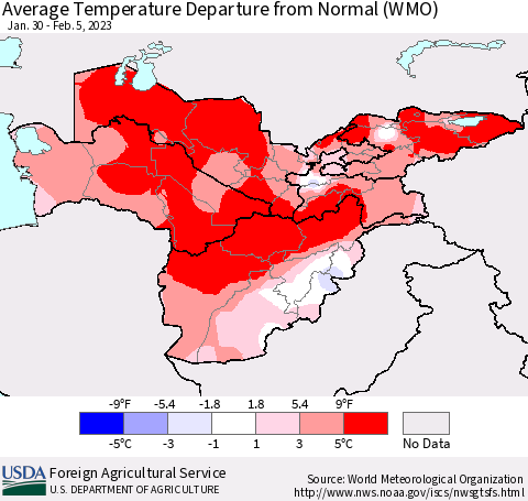 Central Asia Average Temperature Departure from Normal (WMO) Thematic Map For 1/30/2023 - 2/5/2023
