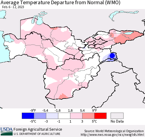 Central Asia Average Temperature Departure from Normal (WMO) Thematic Map For 2/6/2023 - 2/12/2023