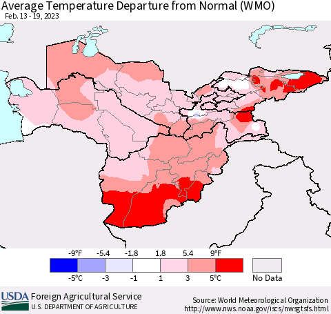 Central Asia Average Temperature Departure from Normal (WMO) Thematic Map For 2/13/2023 - 2/19/2023