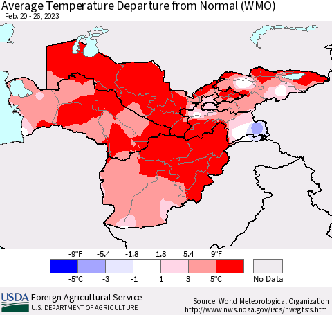Central Asia Average Temperature Departure from Normal (WMO) Thematic Map For 2/20/2023 - 2/26/2023
