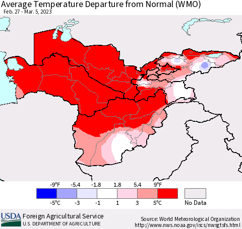 Central Asia Average Temperature Departure from Normal (WMO) Thematic Map For 2/27/2023 - 3/5/2023