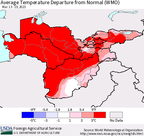 Central Asia Average Temperature Departure from Normal (WMO) Thematic Map For 3/13/2023 - 3/19/2023