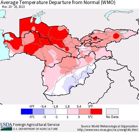 Central Asia Average Temperature Departure from Normal (WMO) Thematic Map For 3/20/2023 - 3/26/2023
