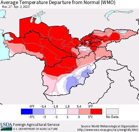 Central Asia Average Temperature Departure from Normal (WMO) Thematic Map For 3/27/2023 - 4/2/2023