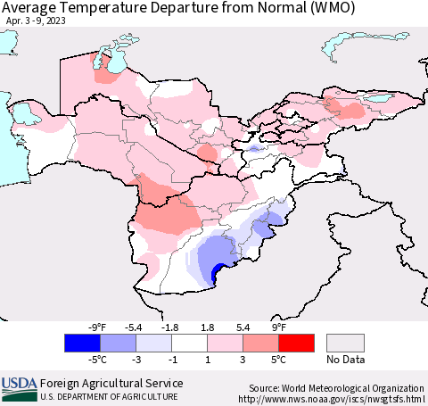 Central Asia Average Temperature Departure from Normal (WMO) Thematic Map For 4/3/2023 - 4/9/2023
