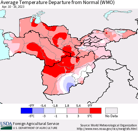 Central Asia Average Temperature Departure from Normal (WMO) Thematic Map For 4/10/2023 - 4/16/2023