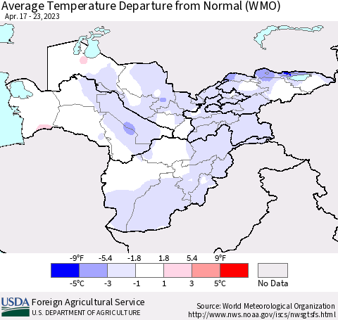 Central Asia Average Temperature Departure from Normal (WMO) Thematic Map For 4/17/2023 - 4/23/2023