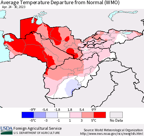 Central Asia Average Temperature Departure from Normal (WMO) Thematic Map For 4/24/2023 - 4/30/2023