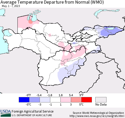 Central Asia Average Temperature Departure from Normal (WMO) Thematic Map For 5/1/2023 - 5/7/2023