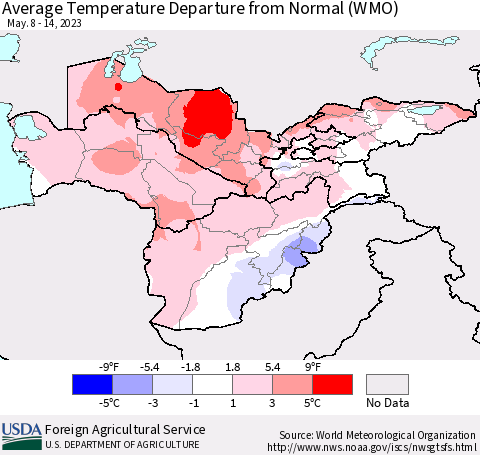 Central Asia Average Temperature Departure from Normal (WMO) Thematic Map For 5/8/2023 - 5/14/2023