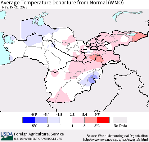Central Asia Average Temperature Departure from Normal (WMO) Thematic Map For 5/15/2023 - 5/21/2023
