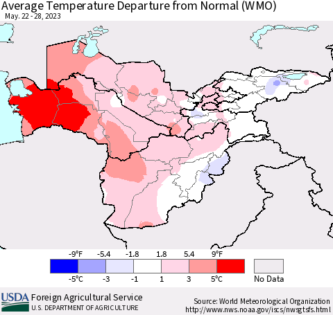 Central Asia Average Temperature Departure from Normal (WMO) Thematic Map For 5/22/2023 - 5/28/2023