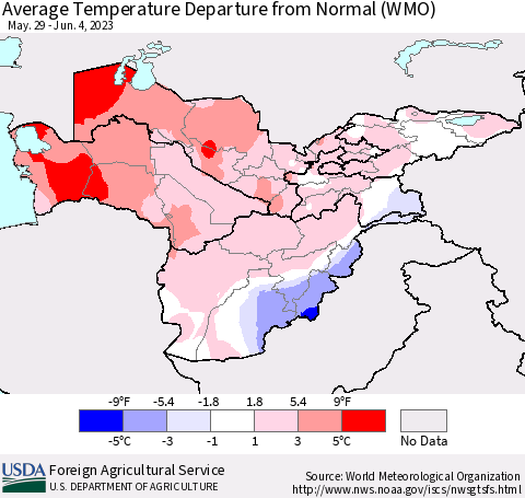 Central Asia Average Temperature Departure from Normal (WMO) Thematic Map For 5/29/2023 - 6/4/2023
