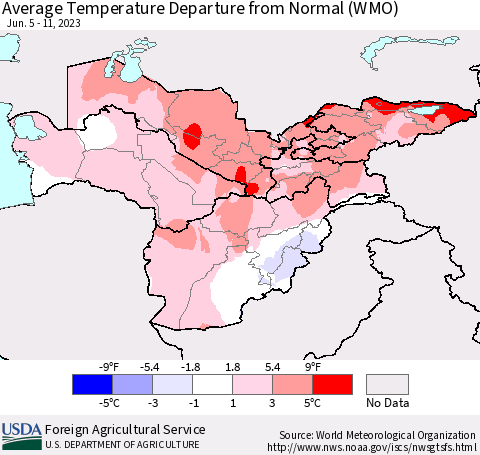 Central Asia Average Temperature Departure from Normal (WMO) Thematic Map For 6/5/2023 - 6/11/2023