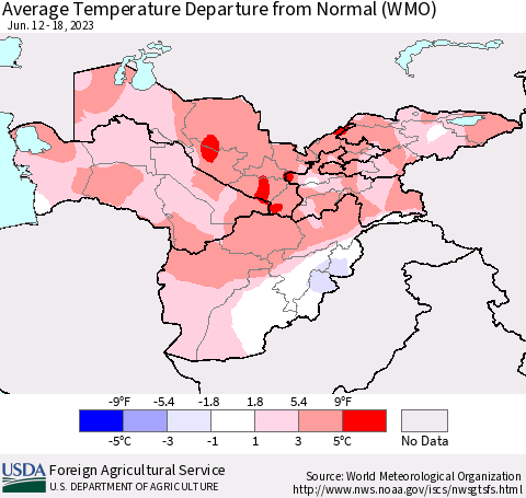 Central Asia Average Temperature Departure from Normal (WMO) Thematic Map For 6/12/2023 - 6/18/2023