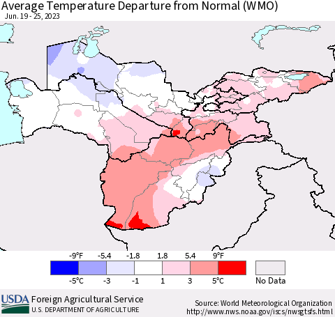 Central Asia Average Temperature Departure from Normal (WMO) Thematic Map For 6/19/2023 - 6/25/2023