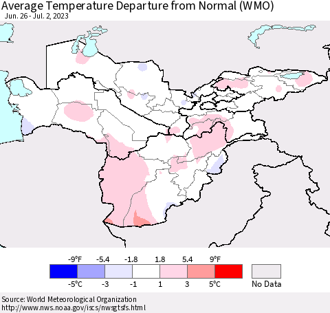 Central Asia Average Temperature Departure from Normal (WMO) Thematic Map For 6/26/2023 - 7/2/2023