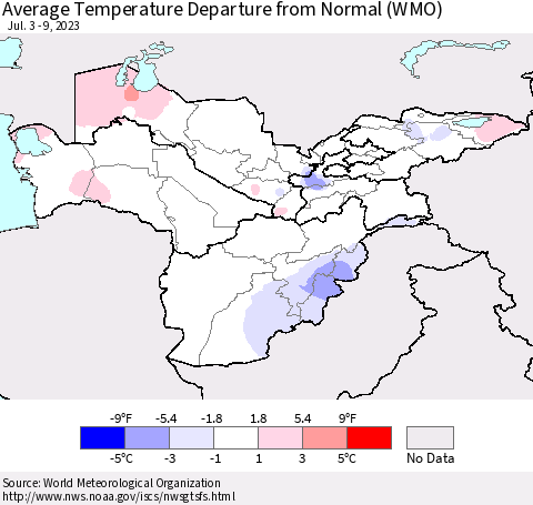 Central Asia Average Temperature Departure from Normal (WMO) Thematic Map For 7/3/2023 - 7/9/2023