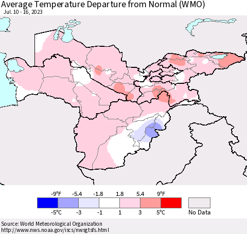 Central Asia Average Temperature Departure from Normal (WMO) Thematic Map For 7/10/2023 - 7/16/2023