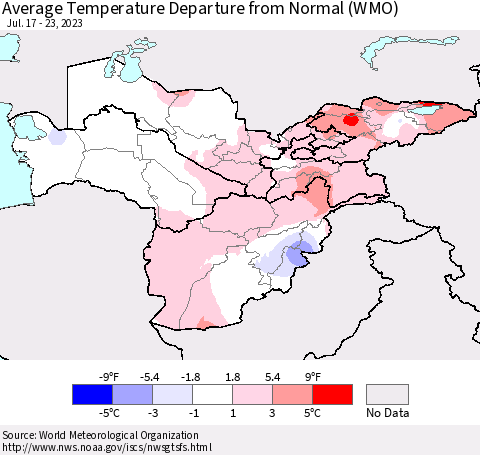 Central Asia Average Temperature Departure from Normal (WMO) Thematic Map For 7/17/2023 - 7/23/2023